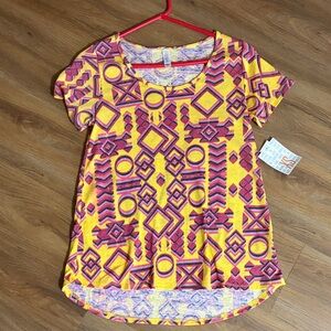 LuLaRoe Geometric Yellow and Pink Short Sleeve Tee